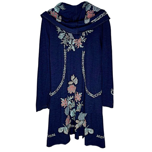 Johnny Was Sweaters - Biya by Johnny Was Floral Embroidered Open-Front Long Hoodie Cardigan in Navy